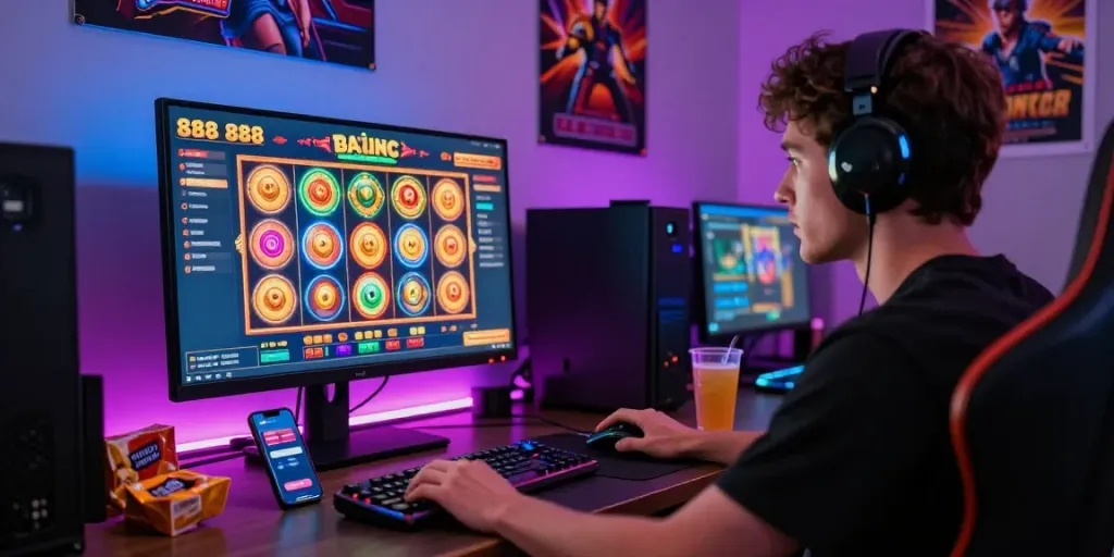Player enjoying the slot888 online gaming experience with vibrant graphics and modern gaming setup.