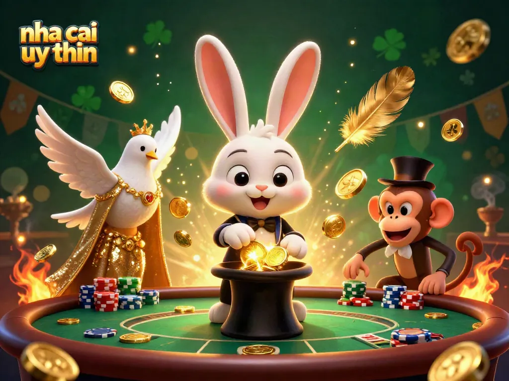 Engage with nha cai uy tin where a magician rabbit conjures golden coins amidst playful casino elements.