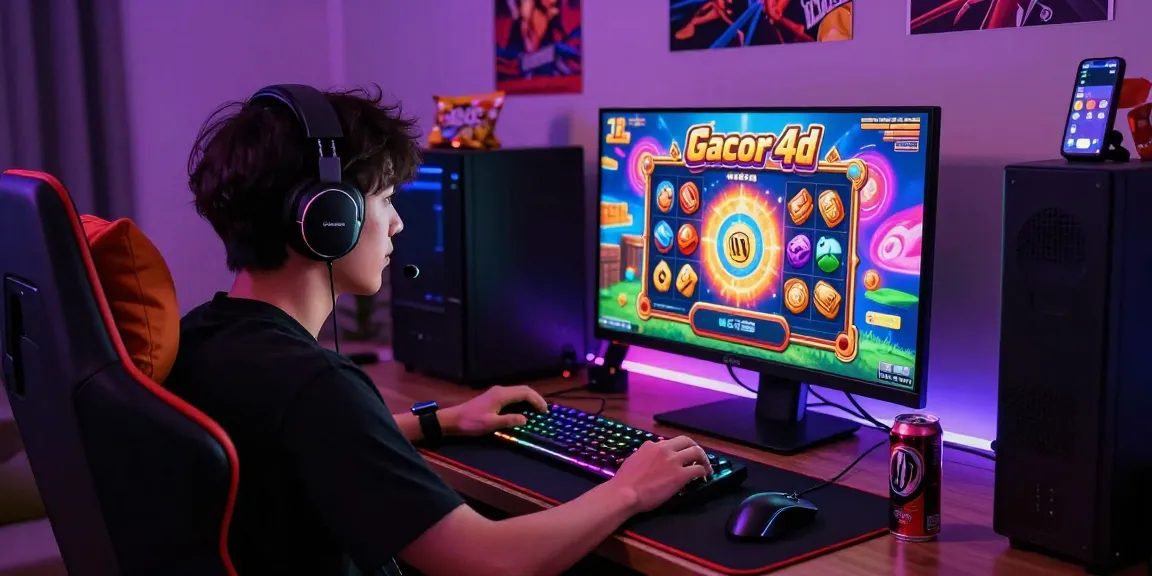 Player enjoying a thrilling slot gacor 4d game in an immersive gaming setup with neon lights and colorful graphics.