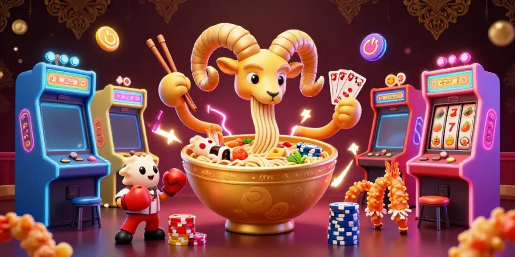 Engage with the vibrant slot gacor casino scene featuring a ramen bowl dealer and playful game elements.