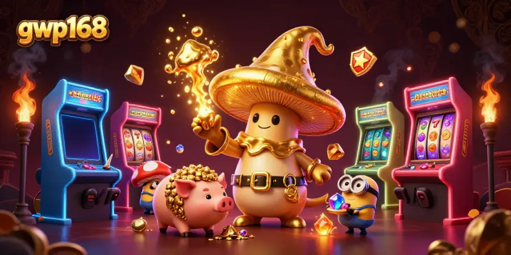 GWP168 menyajikan ilustrasi yang menampilkan wizard jamur emas besar dengan permainan slot dan karakter kasino yang menarik.