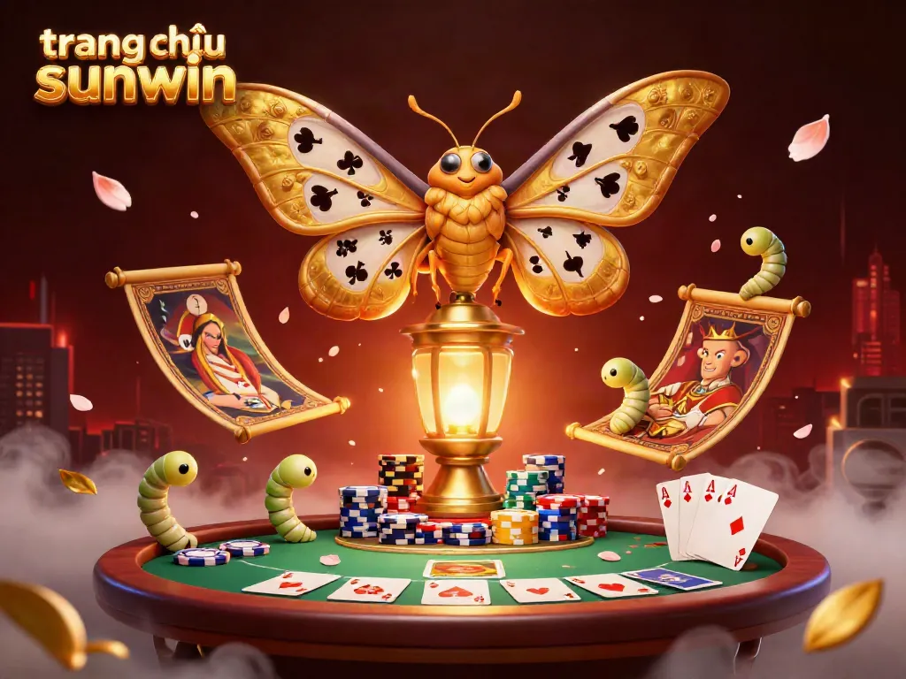 Experience vibrant casino excitement at trang chủ sunwin with golden fluttering moths and poker action.
