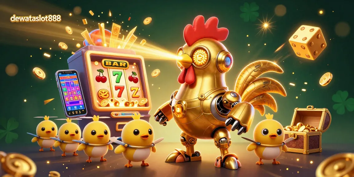 Ikuti keseruan bermain dewataslot888 dengan mesin slot yang meledak, simbol keberuntungan, dan robot emas yang ceria.