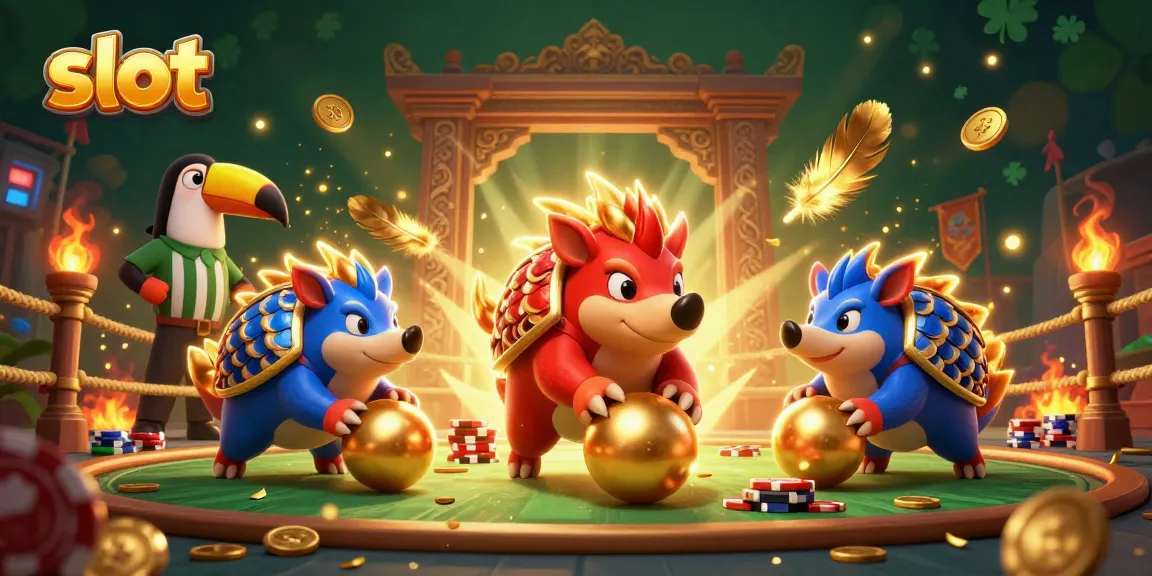 Mainkan slot dengan pangolin bertanding di arena kasino dalam ilustrasi berwarna-warni.