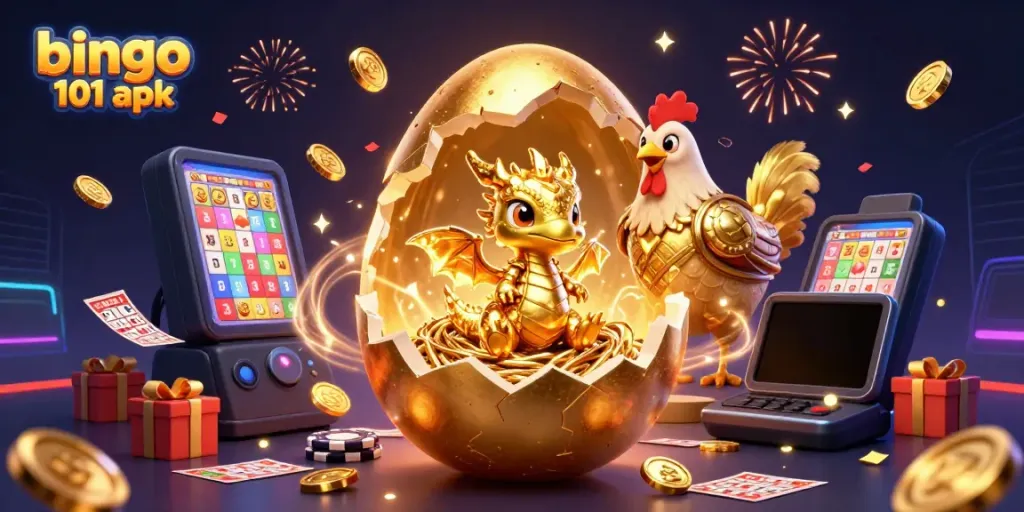 Play bingo 101 apk to unlock rewards while a golden dragon guards the game.
