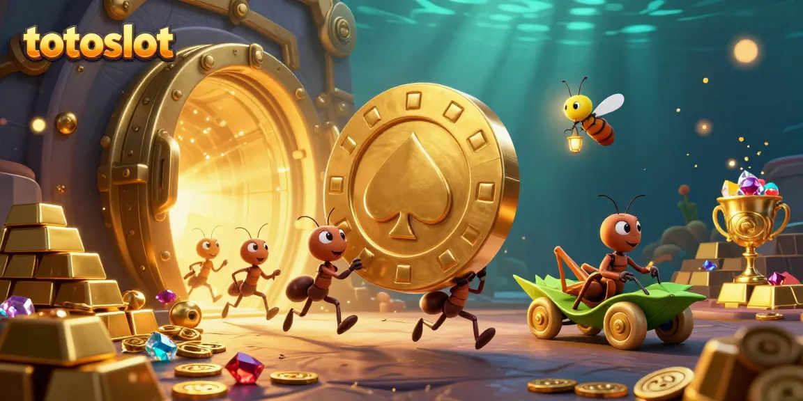 Experience the thrills of totoslot with a heist scene featuring cartoon ants, gold, and casino elements.