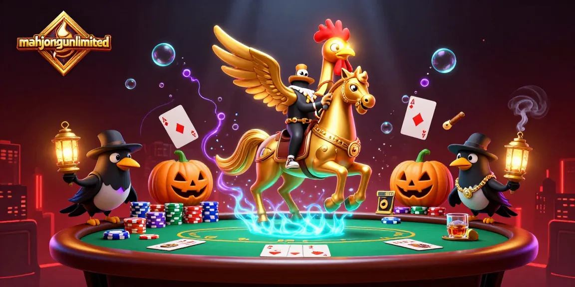 Engage with mahjongunlimited's vibrant casino scene featuring a golden rooster, poker elements, and dynamic action.