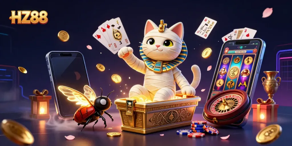Experience thrilling gaming with HZ88's vibrant casino illustration featuring action-packed characters and dynamic elements.