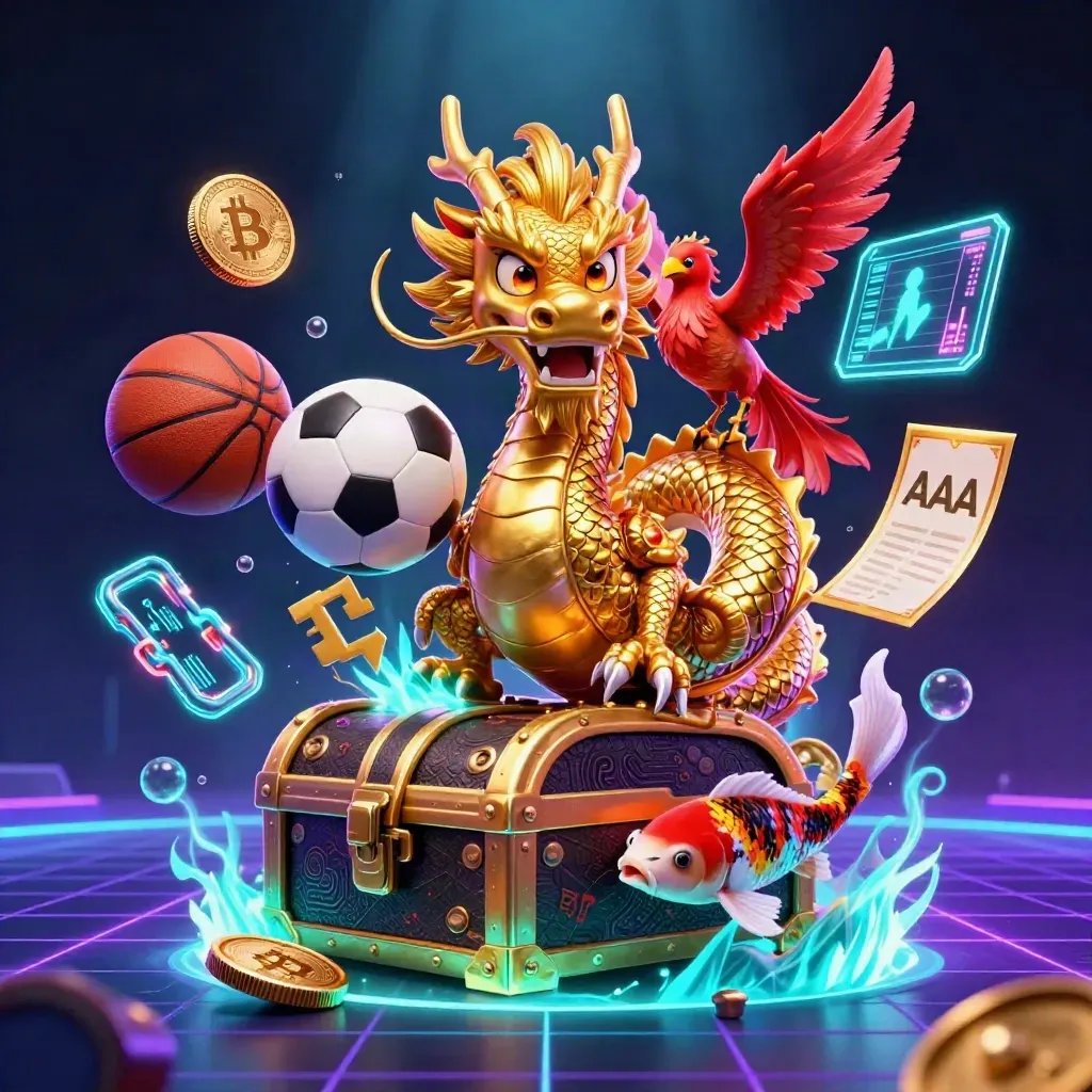 Golden dragon and neon crypto symbols bursting around balls in a dark cyber-arena.