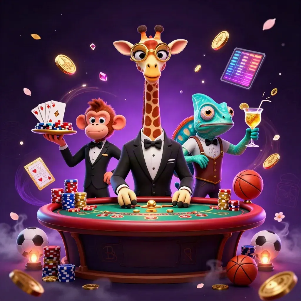 Giraffe high roller, monkey valet, and chameleon bartender amid casino treasures and neon magic.