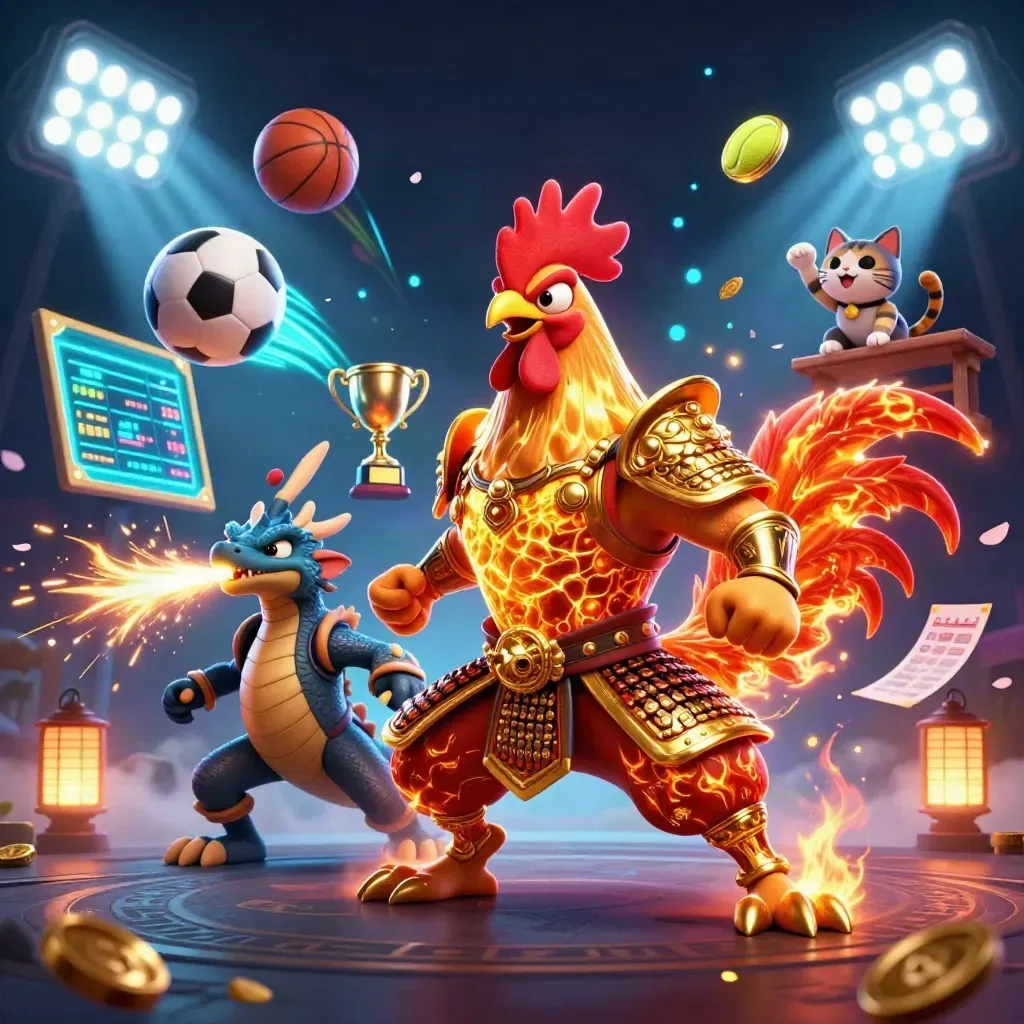 Rooster warrior, dragon hatchling, and fortune-cat amid flying sports balls and casino lights.