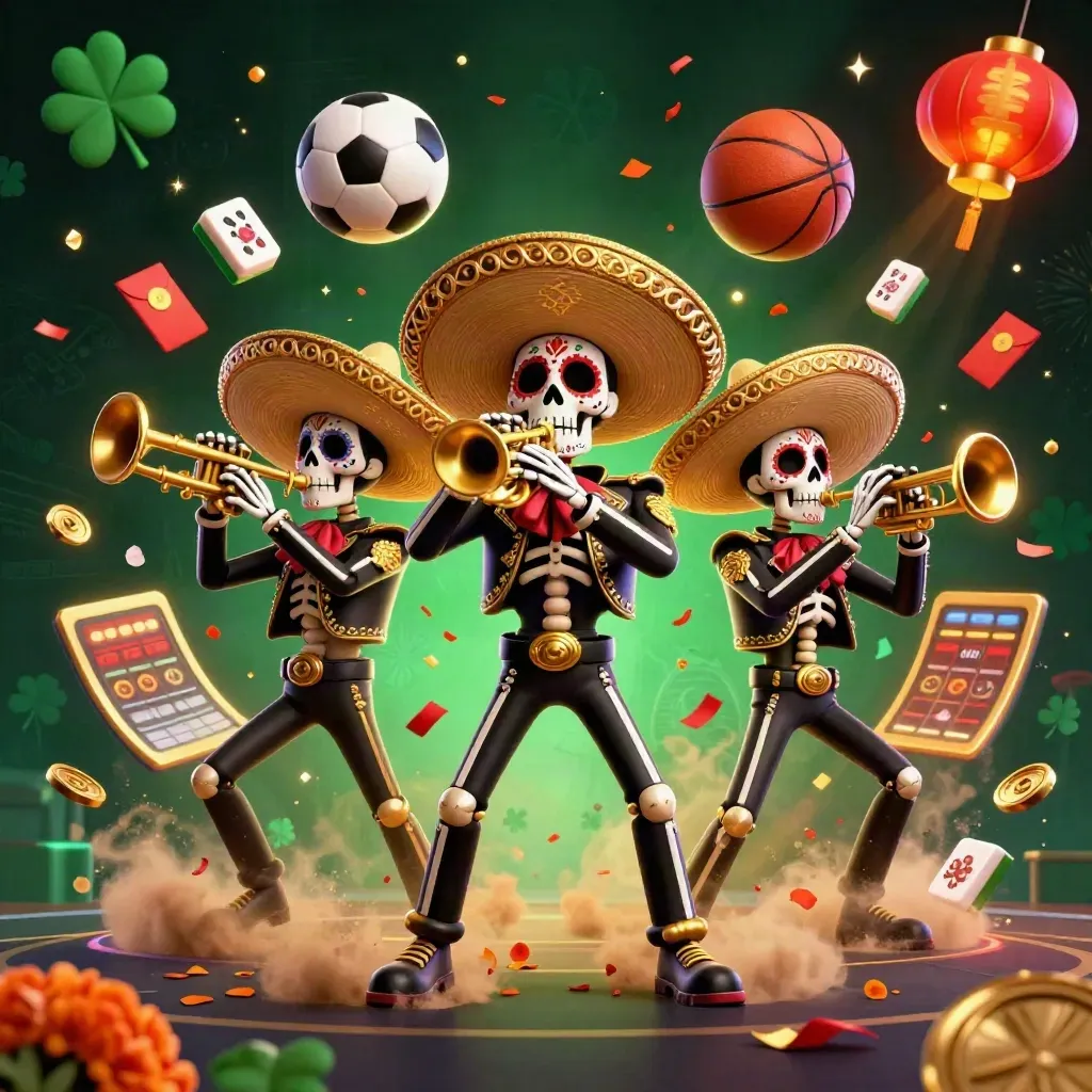 Skeleton mariachi trio with casino icons and flying sports balls in a dark neon arena.
