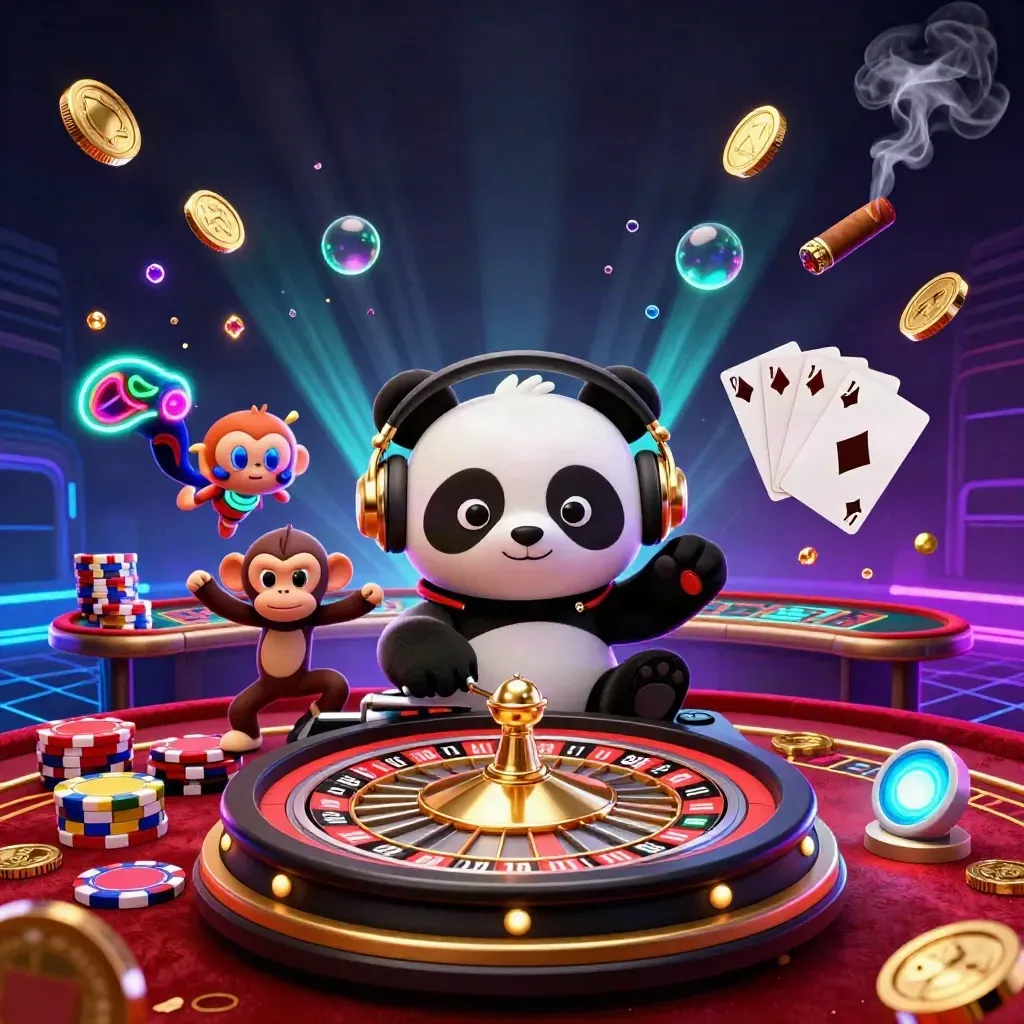 3D cartoon panda DJ, monkey, and glow-stick kitten in a neon luxury casino with coins and gems.