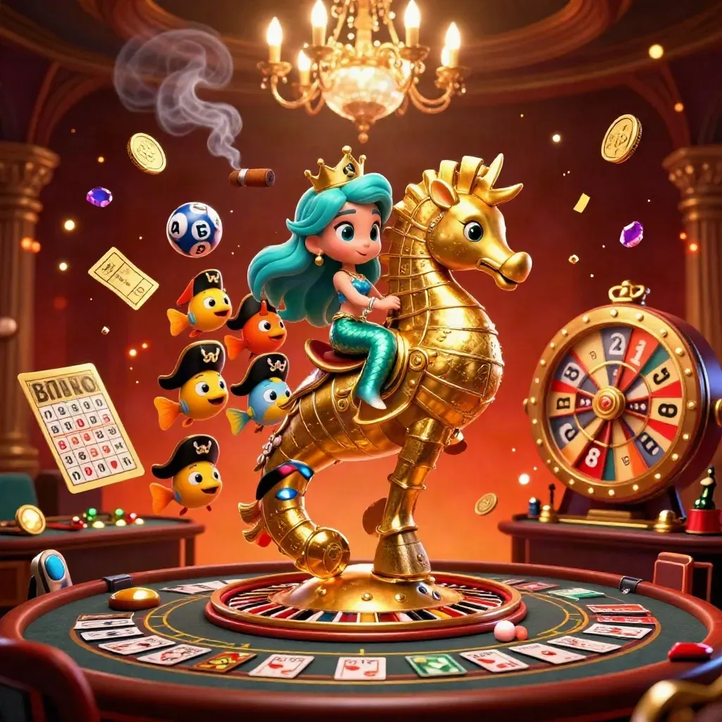 Mermaid princess rides armored seahorse amid casino games, glowing gold and neon lights.