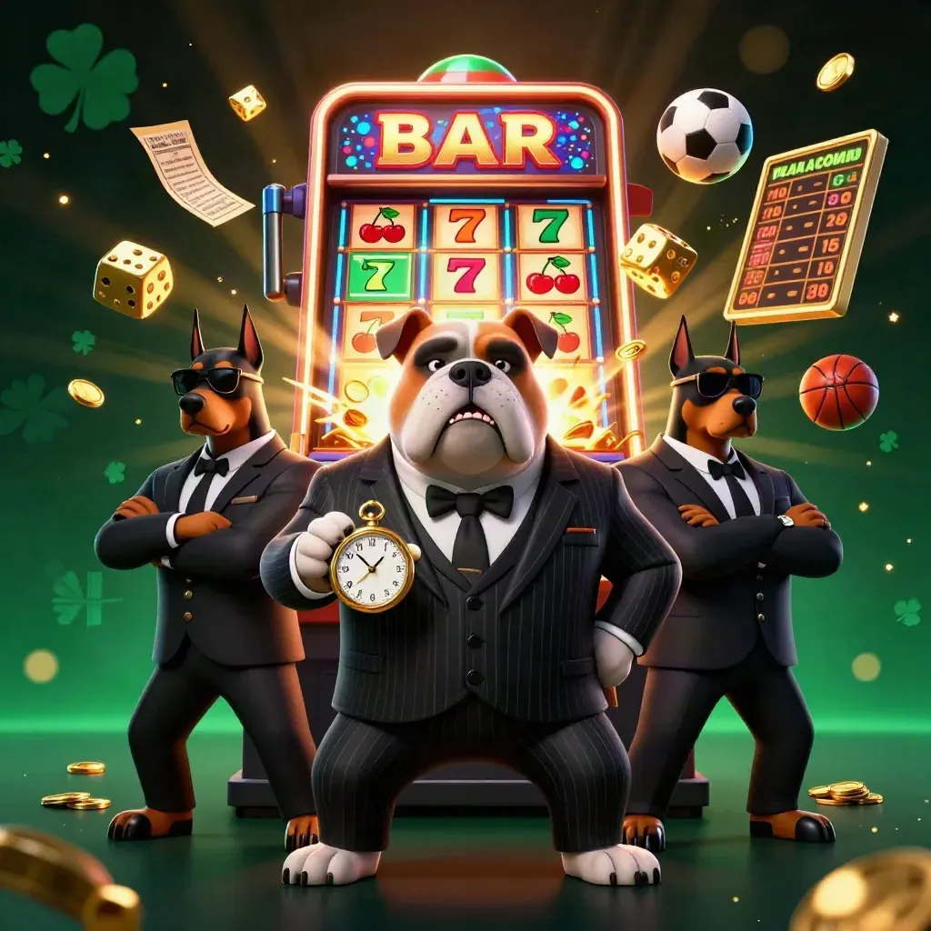 Bulldog boss and Dobermans amid bursting slot machine, coins, balls, and casino light