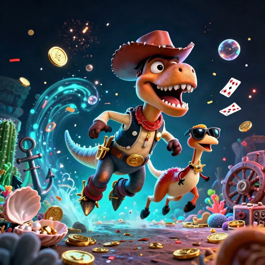 Cowboy T-Rex, cactus and roadrunner explode through a cyan treasure cove with coins and gems