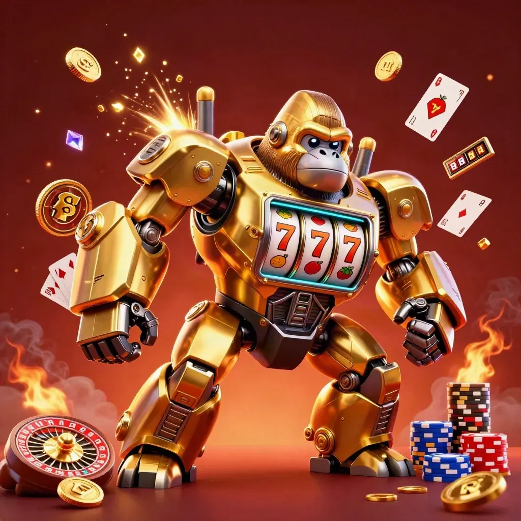 Golden gorilla slot-mech with monkey pilot, coins, gems, roulette, chips, and fiery casino glow.