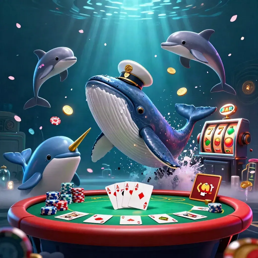 Captain whale, narwhal and dolphins amid casino chips, cards and glowing underwater light.