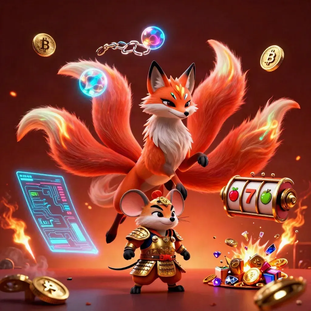 Nine-tailed fox spirit and armoured samurai mouse amid crypto coins and casino bursts.
