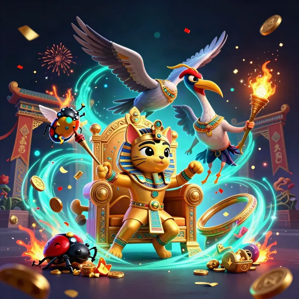 Golden pharaoh cat, ibis scribe, and gem-wing scarabs in a neon cyber-tomb burst.