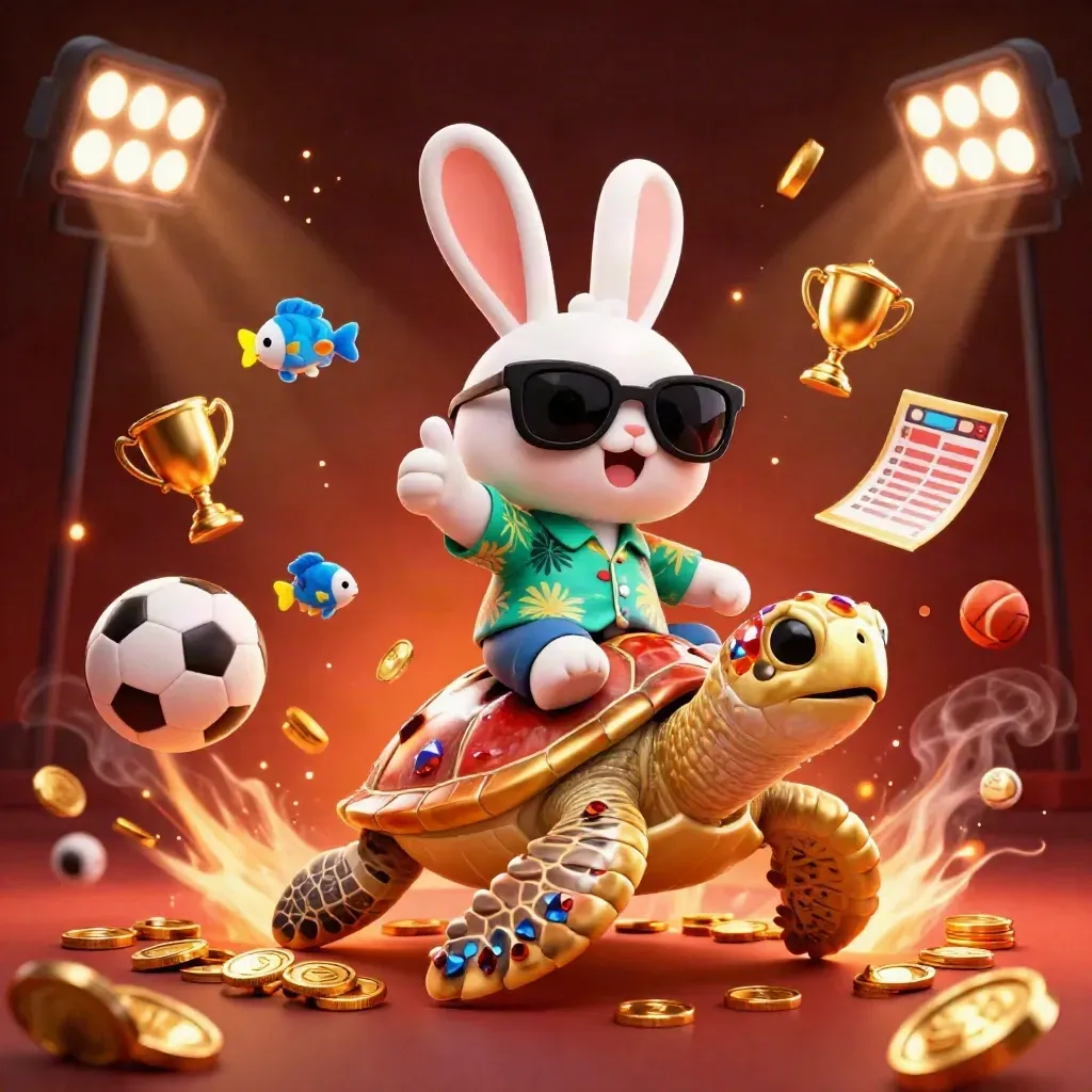 Lucky rabbit on a gem turtle amid coins, sports balls, trophy, and fireworks in neon casino style.