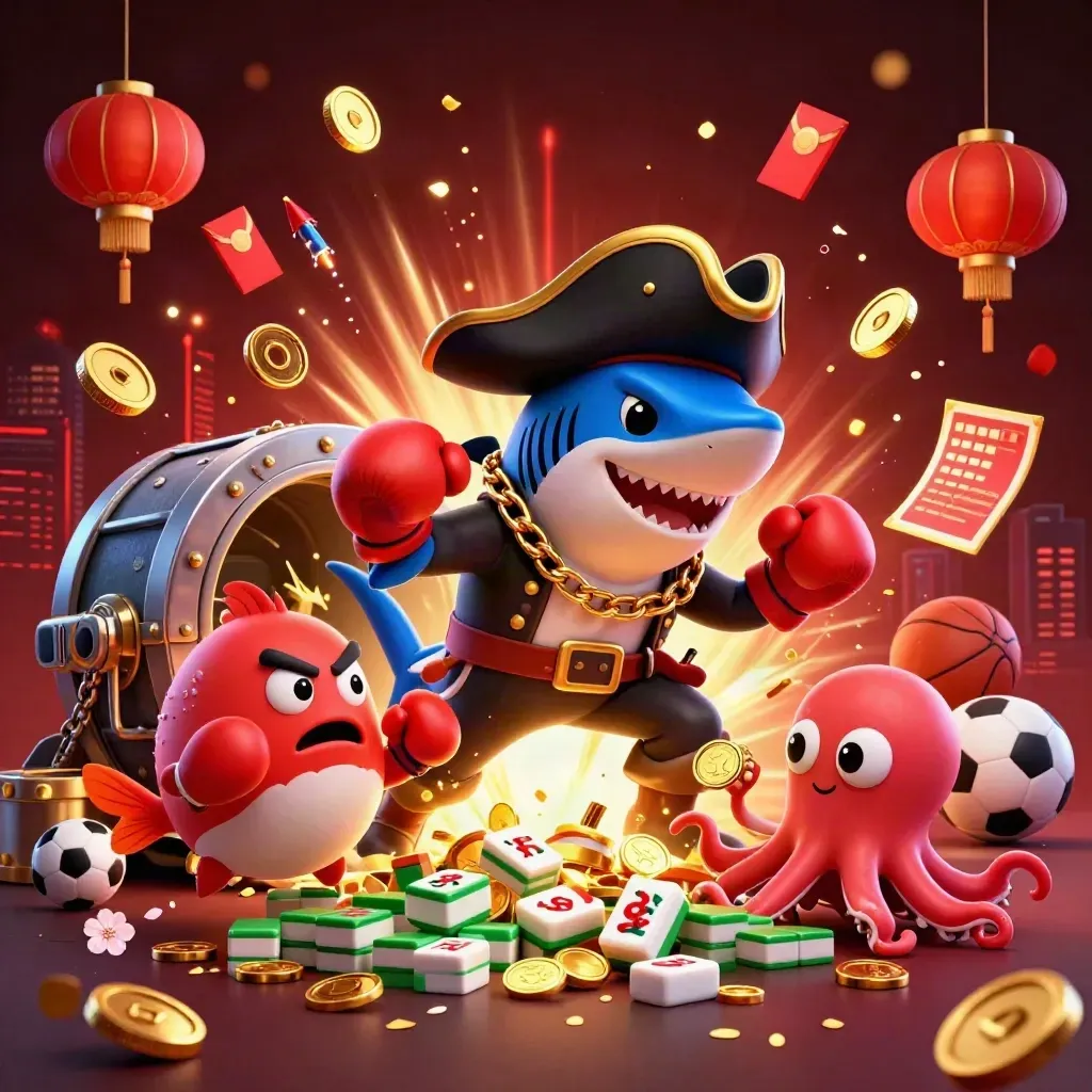 Pirate shark, boxing pufferfish, and coin-juggling octopus amid casino treasure fireworks.