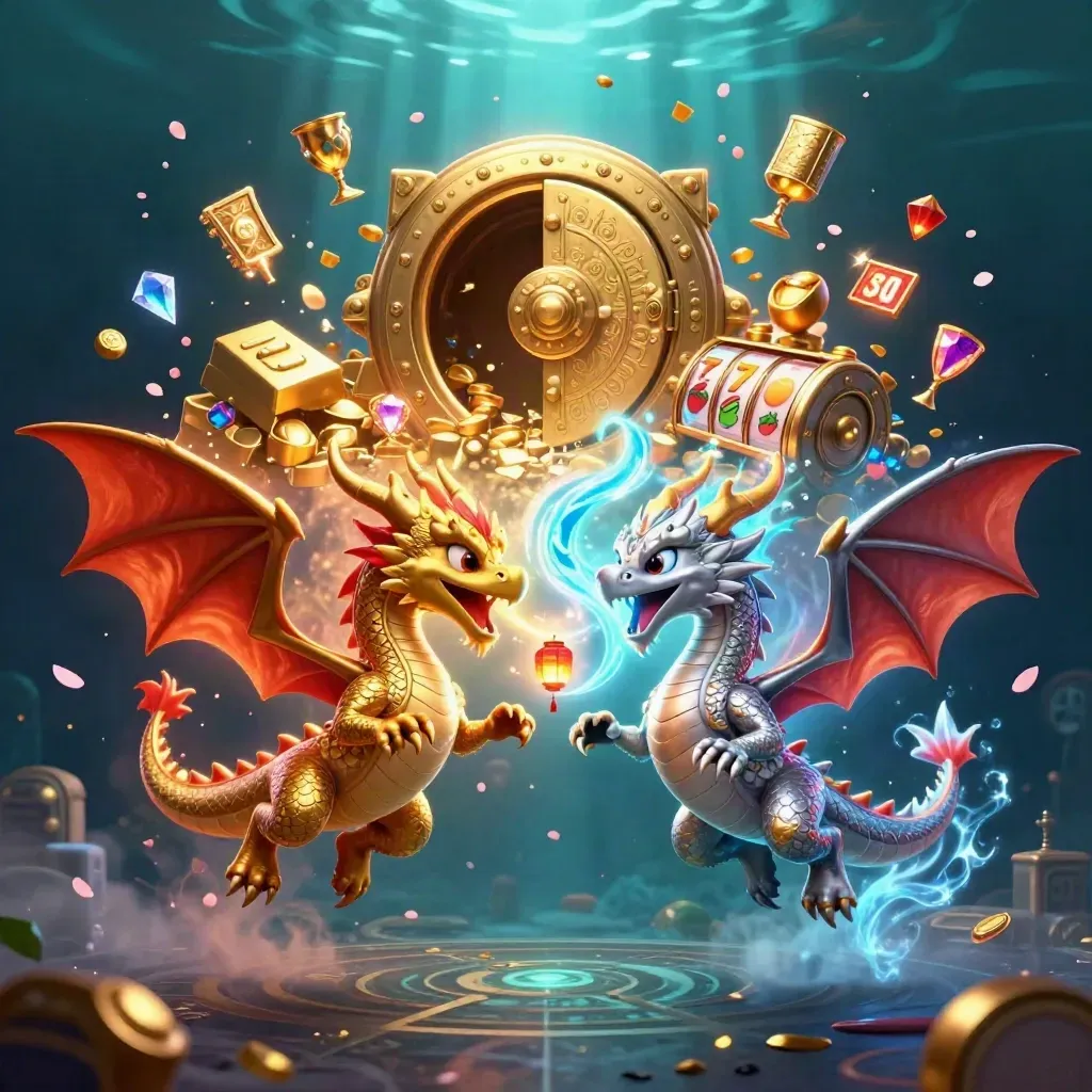 Twin gold and silver dragons spiral around a vault blast with treasure, runes, and neon cyan magic.