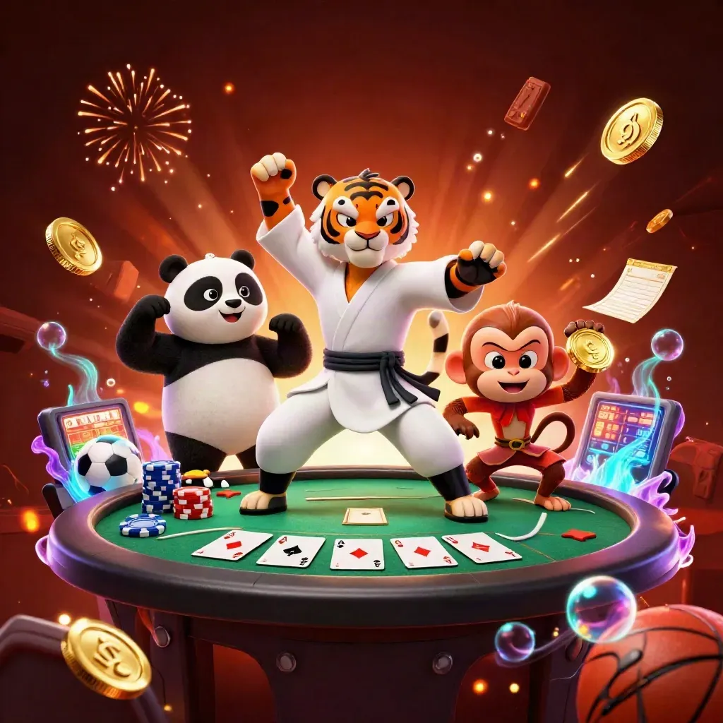 Kung-fu tiger, panda, and monkey amid casino treasure, poker props, coins, fireworks