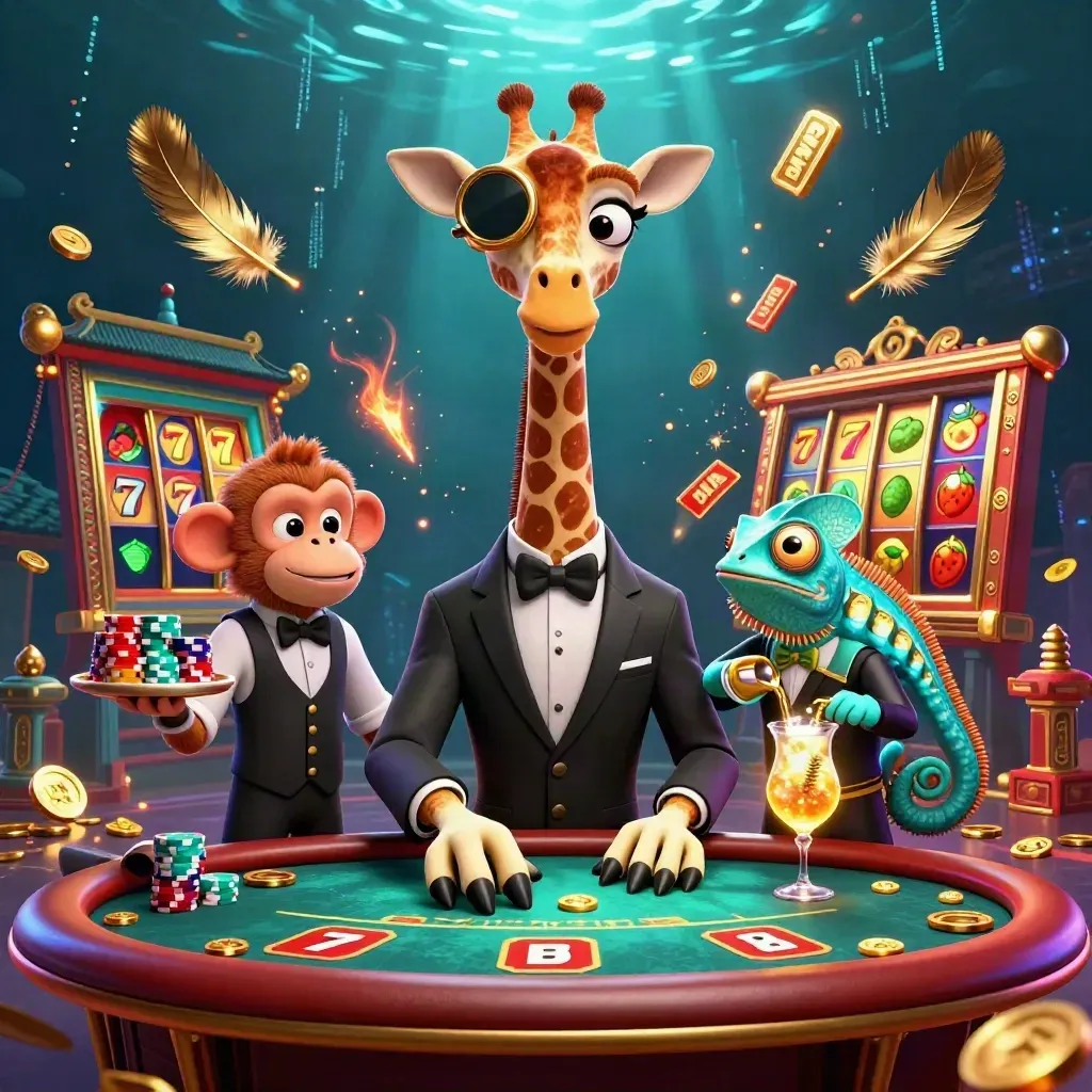 Luxury casino giraffe, monkey, and chameleon amid neon slots, coins, and electric effects.