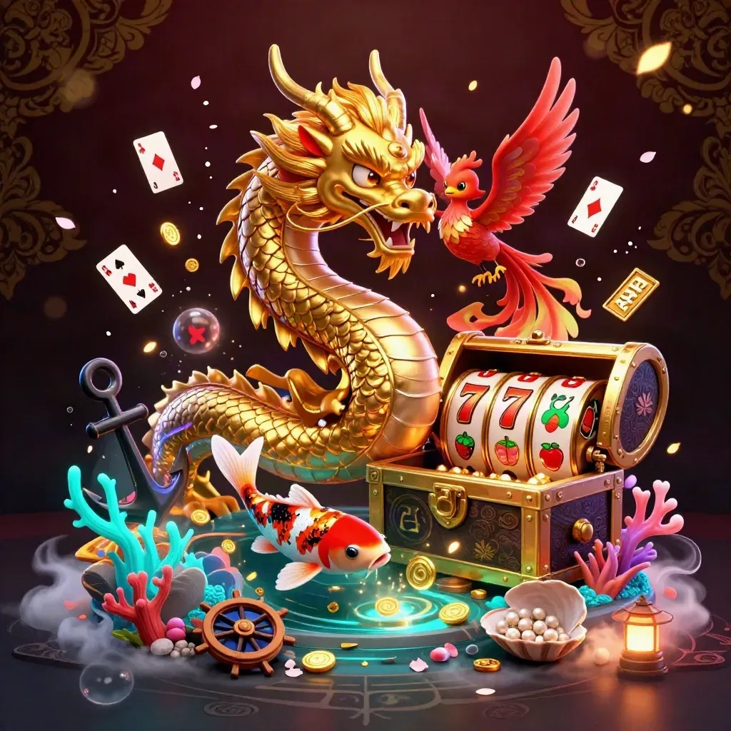 Golden dragon, phoenix, and koi surge through a treasure cove of reels, coins, and casino glow.