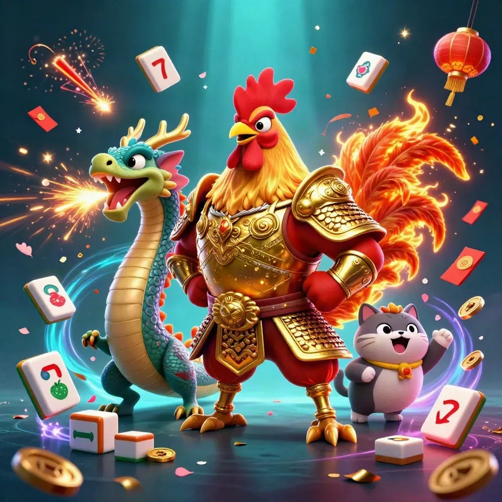 Rooster samurai, dragon hatchling, and fortune cat amid casino loot and fiery effects.