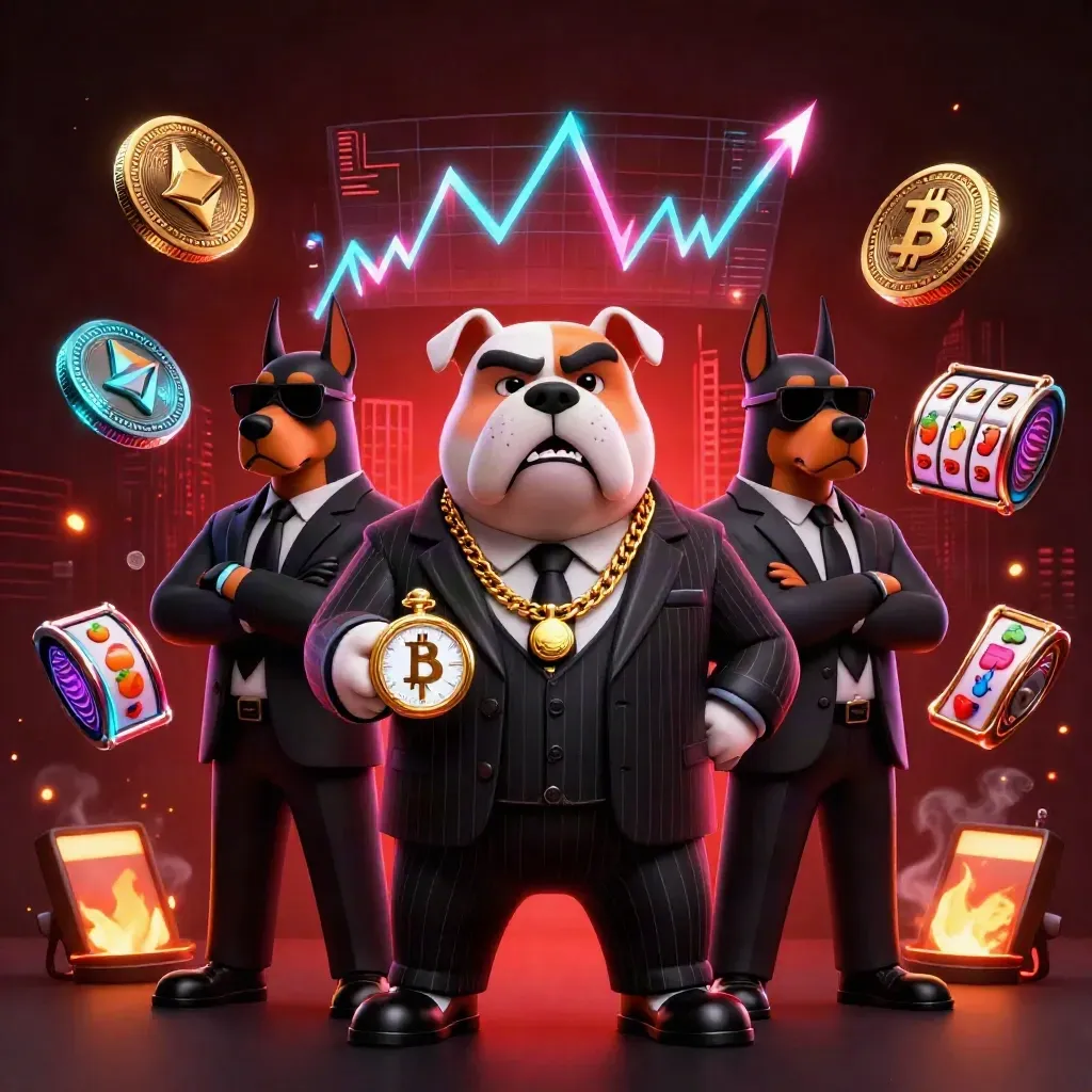 Bulldog boss with two Dobermans, neon casino energy, coins, reels and red cyber lights.