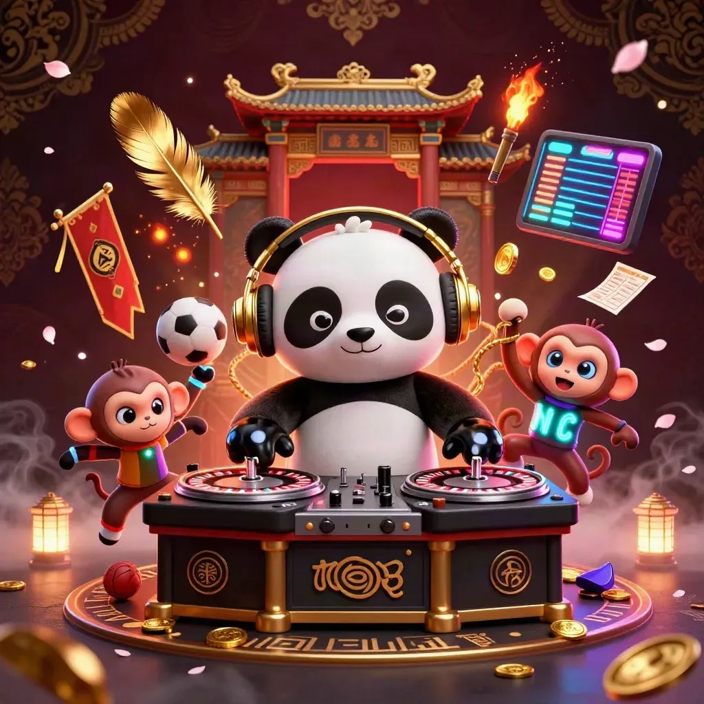DJ panda, dancing monkey and rave kitten amid casino relics and neon sparks