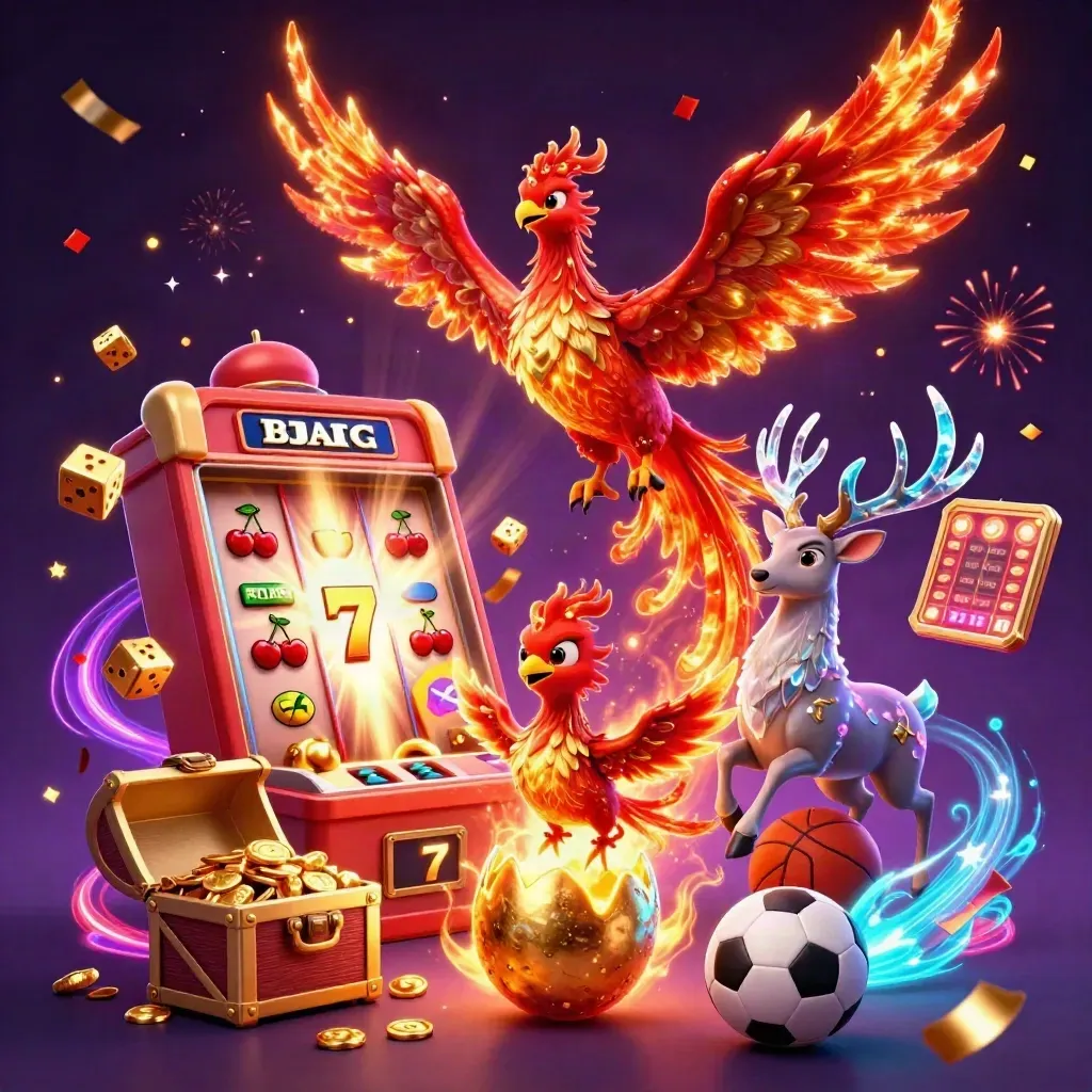 Phoenix, hatchling, and crystal stag amid slot burst, gold, dice, sports icons, and neon casino glow.