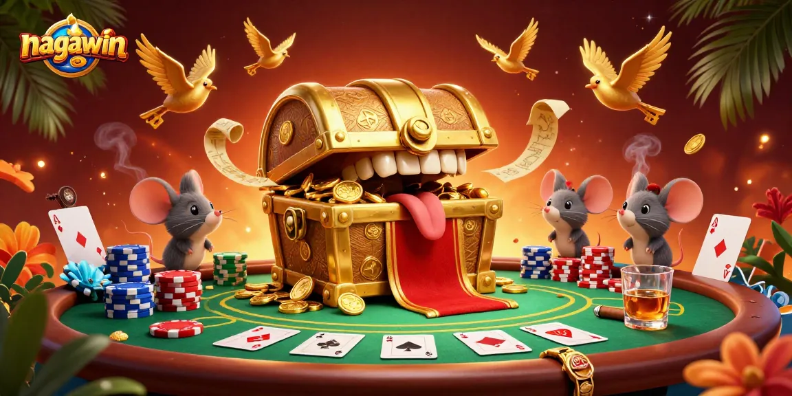 Engage in thrilling gameplay at nagawin with poker elements and a vibrant, playful scene.