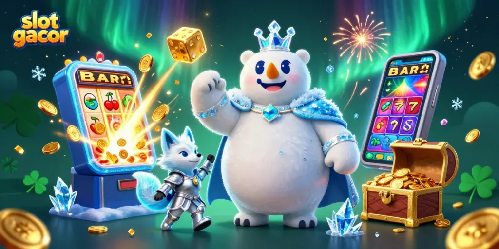 Mengguncang slot gacor dengan raja beruang kutub 3D dan rubah salju di latar belakang penuh energi aurora.