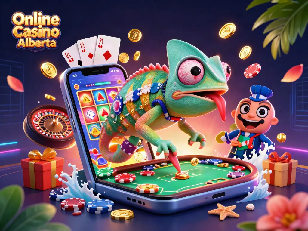 Experience excitement at Online Casino Alberta with vibrant slots and a playful chameleon!
