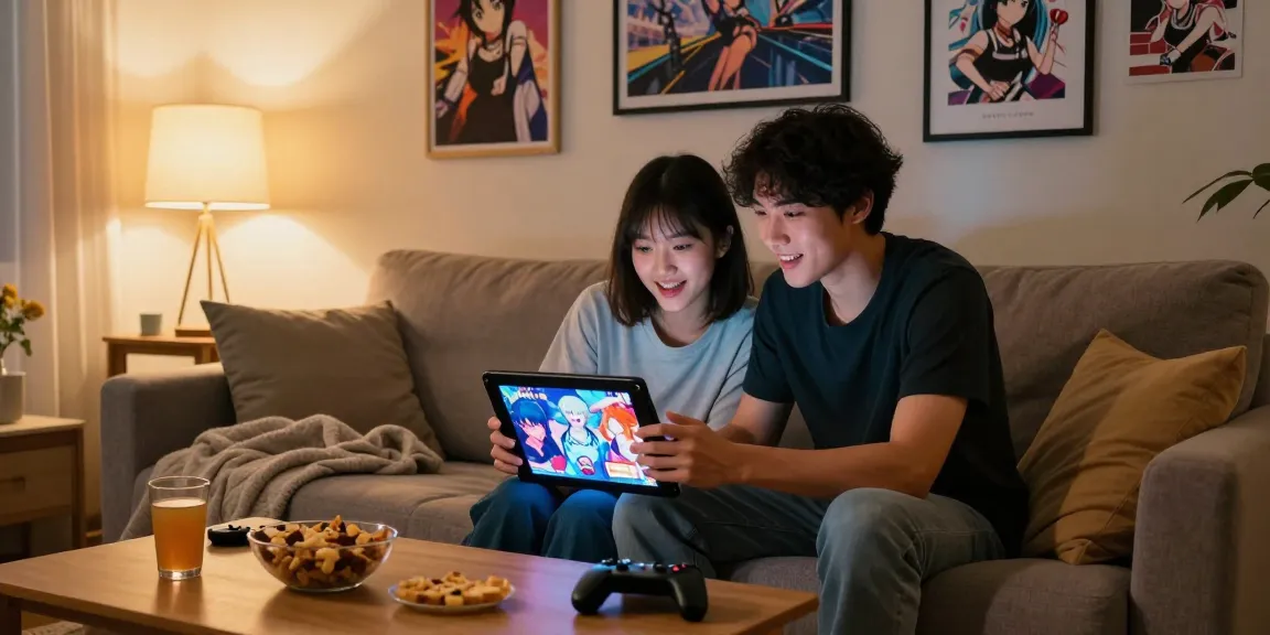 Couple enjoying hentai games on a tablet in a cozy living room
