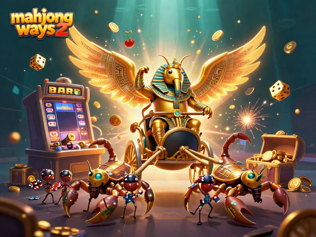 Experience Mahjong Ways 2 with vivid illustrations of golden scarabs, scorpions, and dynamic slot elements.