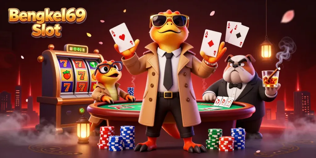 Engage with the fun of Bengkel69 Slot as three raptors in a trench coat attempt to sneak into a casino lounge amidst vibrant gaming elements.