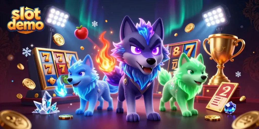Permainan slot demo menampilkan karakter serigala mistis dalam aksi, simbol slot dan koin emas.