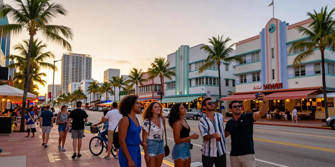 Temukan pesona Miami4d.com saat sekelompok teman menjelajahi Ocean Drive di bawah sinar matahari terbenam yang memukau.