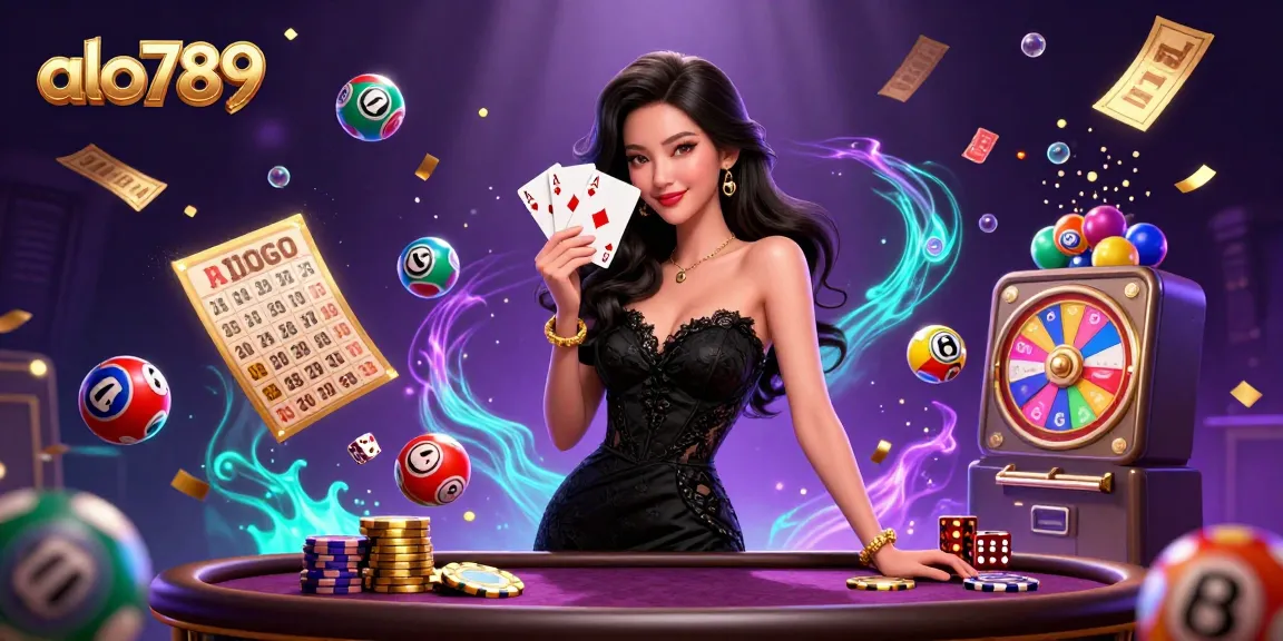 Alo789 showcases a beautiful Asian woman elegantly holding ace cards amid vibrant casino elements, emphasizing the thrilling gambling experience.