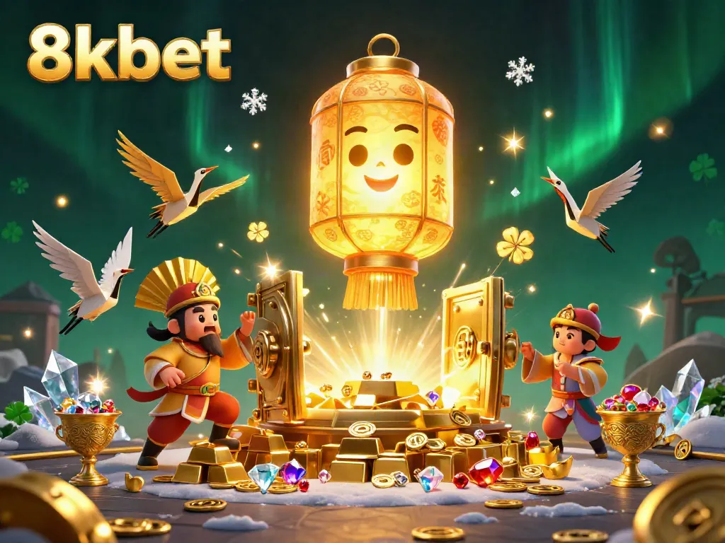Experience the excitement of 8kbet with a vibrant golden lantern spirit, casino treasures, and dynamic characters!