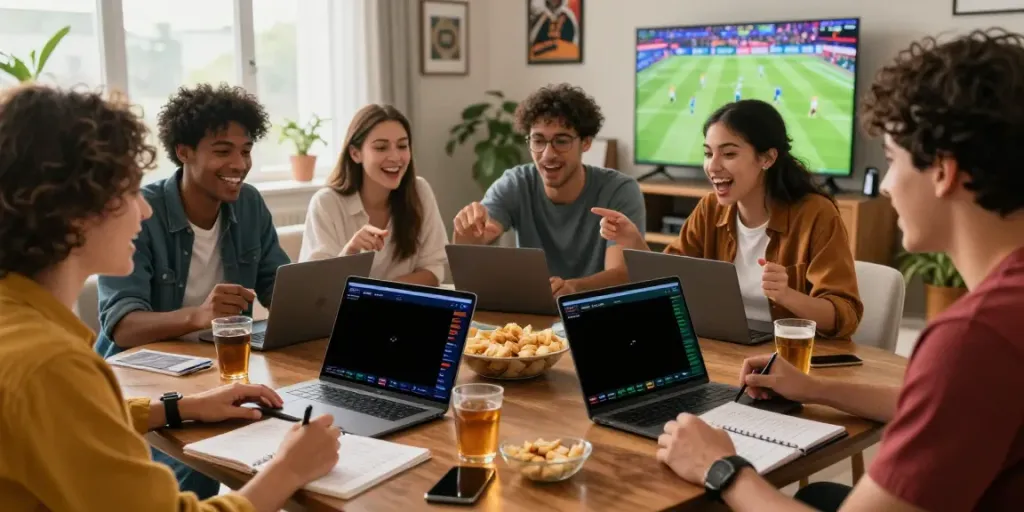 Friends enjoying sports betting at home with live games on screens, showcasing excitement and engagement at https://operatoriu-apzvalgos.lt/.