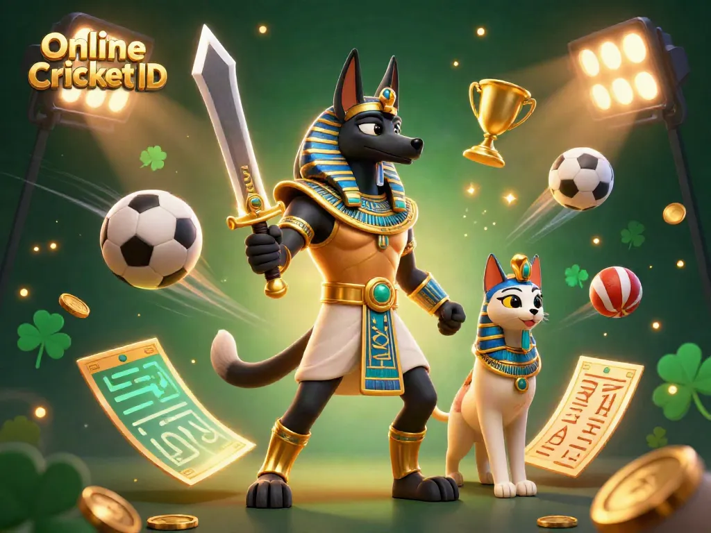 Experience exciting betting with your Online Cricket ID, a vibrant scene featuring Anubis and Bastet surrounded by sports elements.