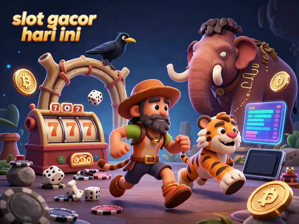 Gambaran menarik tentang slot gacor hari ini dengan karakter gua dan slot mesin, dikelilingi elemen bitcoin dan jackpot.