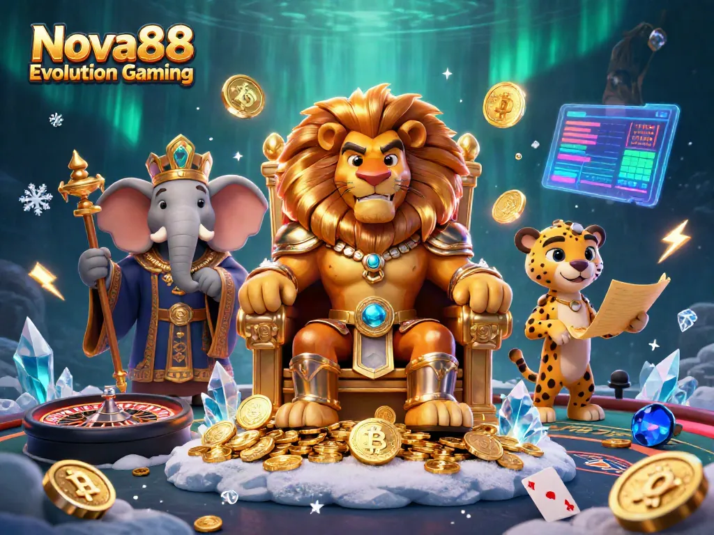 Experience thrilling Nova88 Evolution Gaming with a majestic scene of a lion king, elephant advisor, and cheetah messenger.