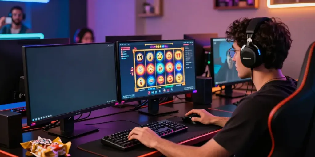 Engaged player enjoying a vibrant slot game on a laptop, showcasing modern gaming setup.