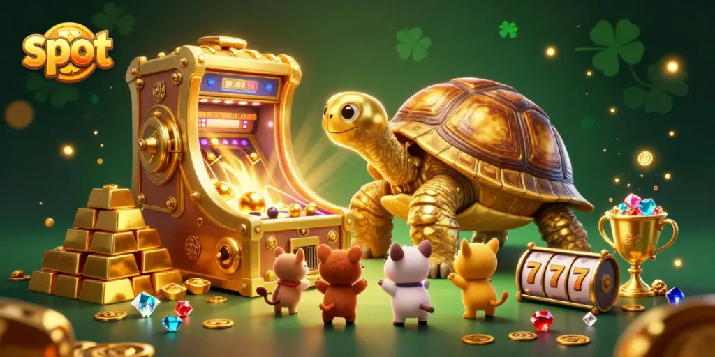 Mendapatkan jackpot dalam slot dengan simbol keberuntungan bertaburan di sekitar karakter kartun.